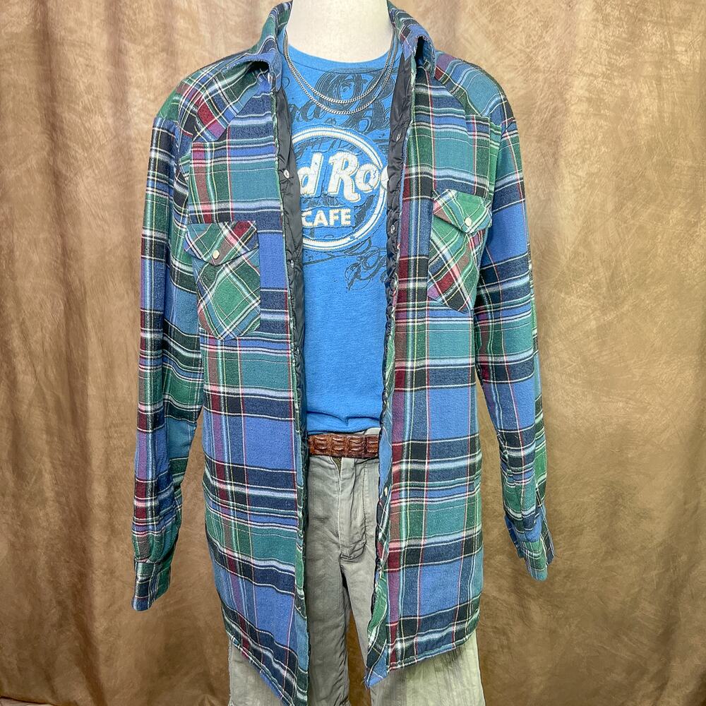 Vintage Wrangler Western Shirt Plaid Flannel Jacket Pearl Snap Blue Outdoor Fall